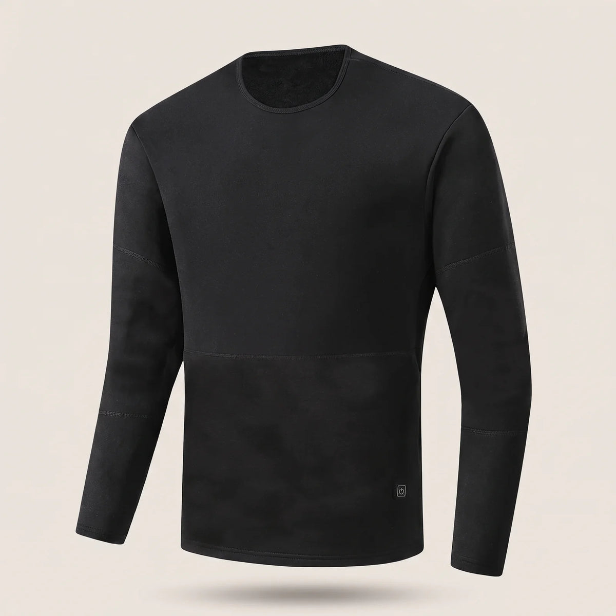 BergHeat Layer heated base layer top for men in black with crew neck and heat button at the hem