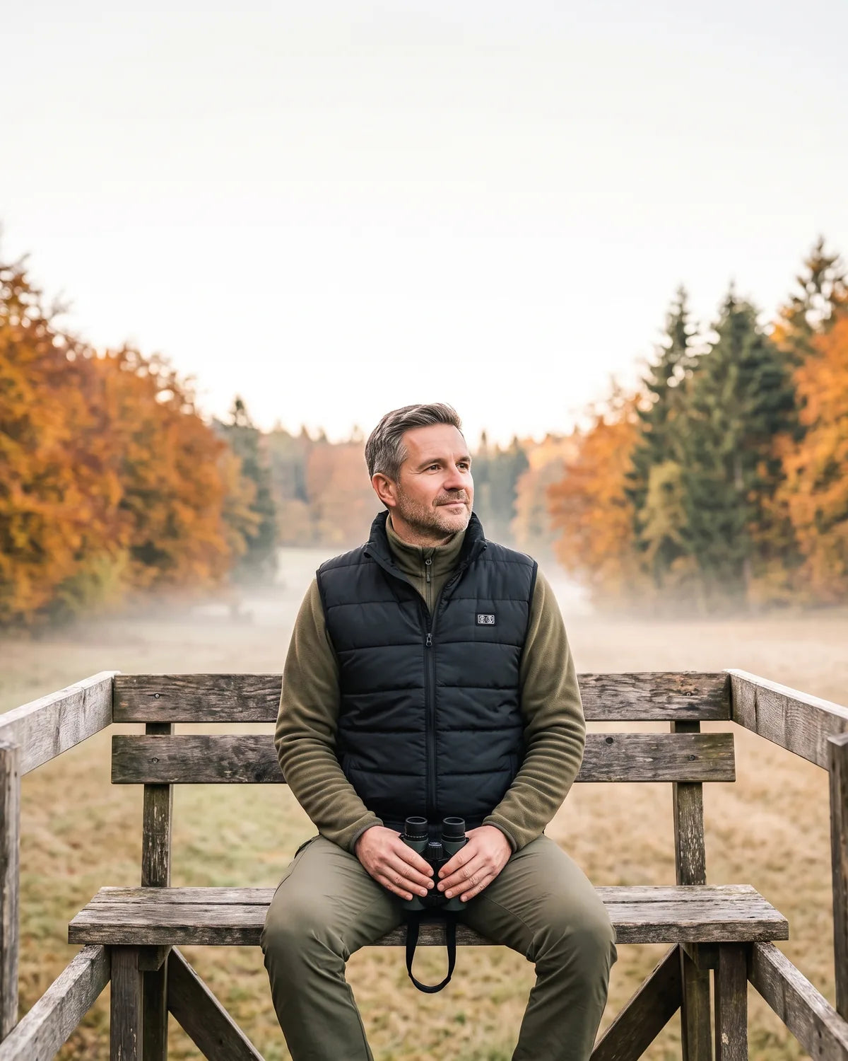 Man in a heated vest up in a hunting stand in the morning