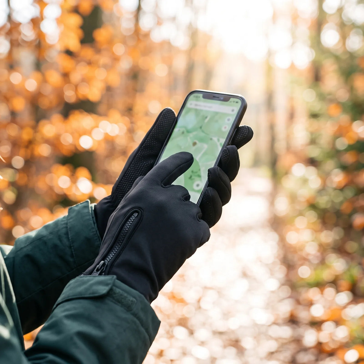 Hands in the Grip heated gloves using a smartphone in an autumn forest