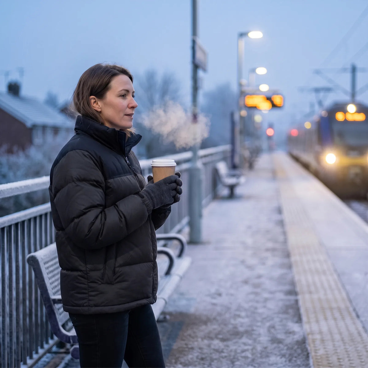 Frau in der schwarzen Massiv-Jacke mit Kaffee am frostigen Bahnsteig am Morgen