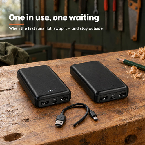 Two power banks on a workbench – one full, one empty