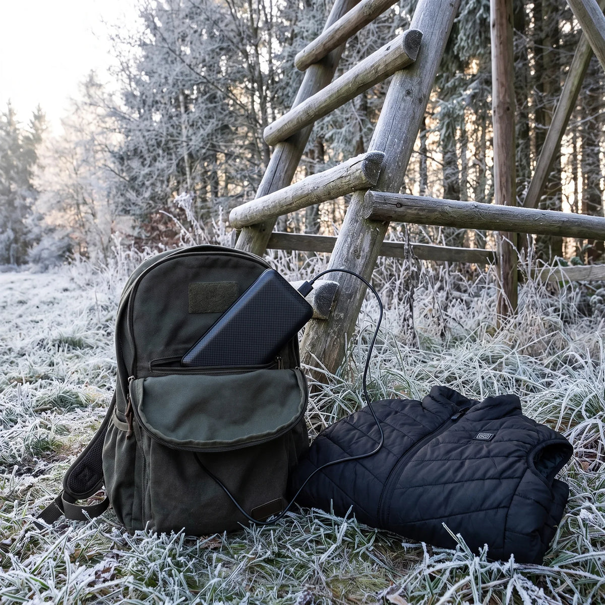 20,000 mAh power bank in a backpack at a hunting stand, cable running to a heated vest