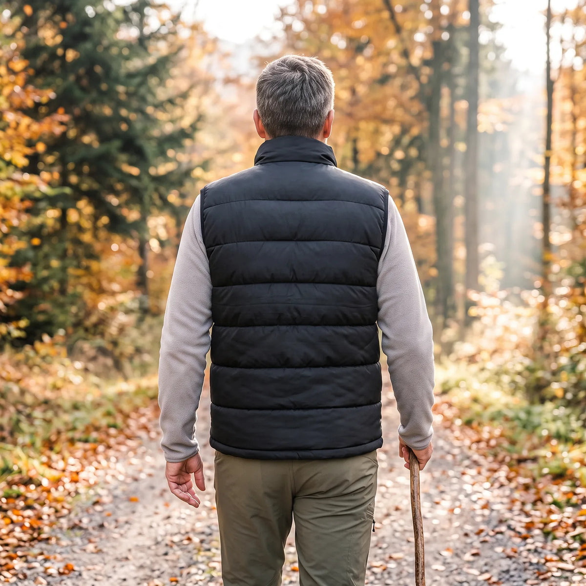 Back view of the BergHeat Ridge heated vest on an autumn forest trail