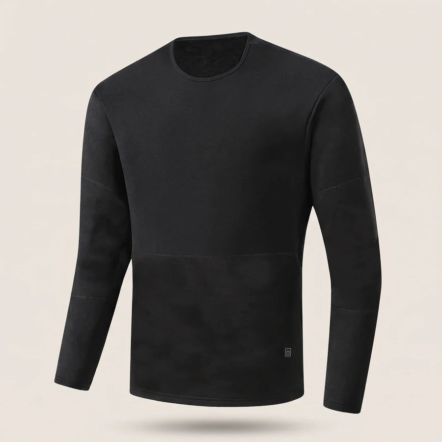 BergHeat Layer heated base layer top for men in black with crew neck and heat button at the hem