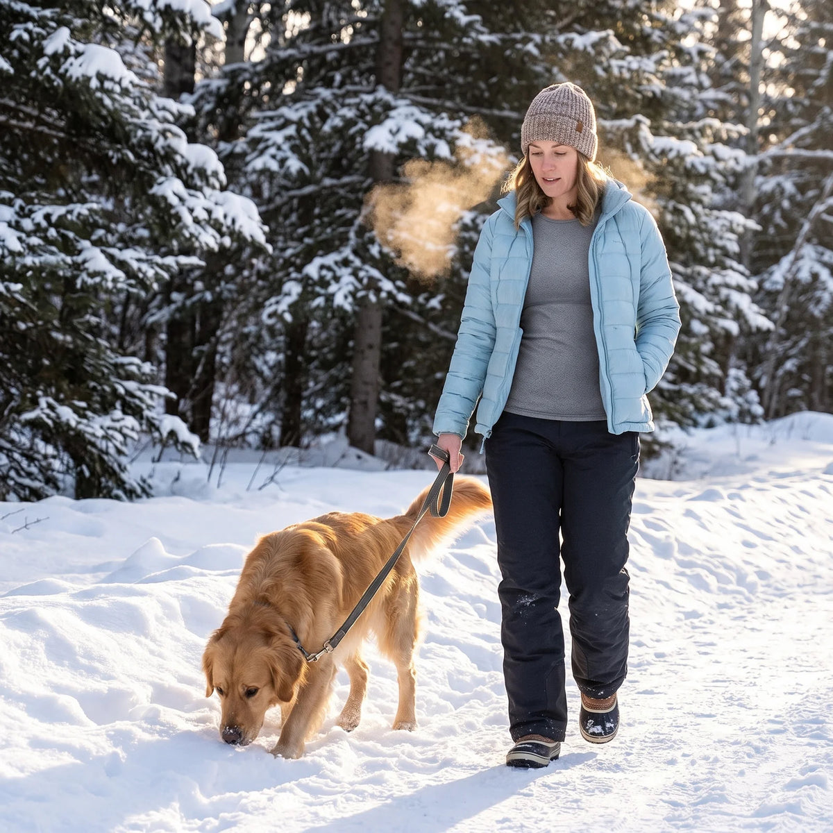 Woman wearing the gray base layer top under a down jacket while walking her dog in the snow