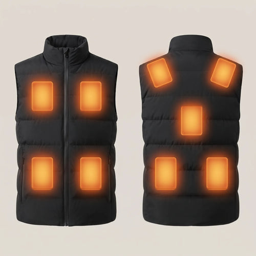 Heated vest 2.0 front and back: 4 heating zones on chest and belly, 5 on the back