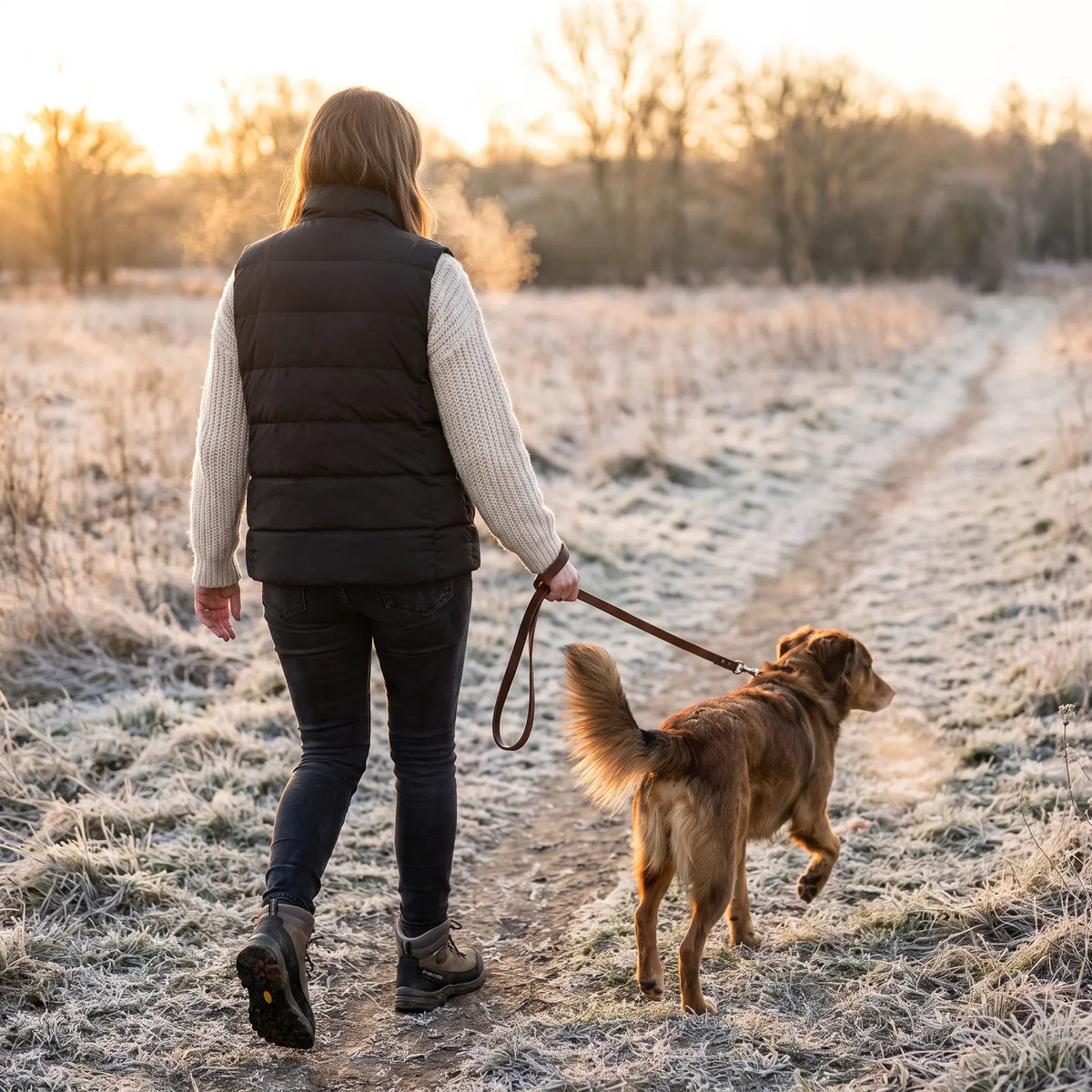 Woman walking her dog on a frosty field path, wearing the heated vest 2.0